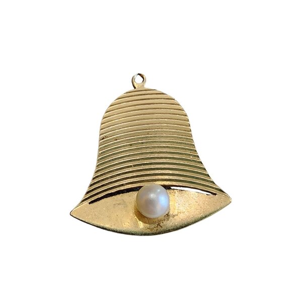 Vintage Ribbed 14kt Gold & Pearl Bell Charm (A1646) - Picture 1 of 4